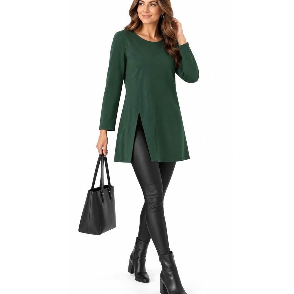 Vince Camuto Crepe Ponte Tunic Top L NWT Dark Willow Green Side Slit Long Sleeve